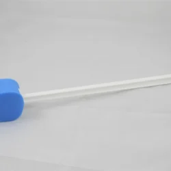 Blue bath sponge with a long white handle on a white background.