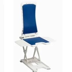 Nova Bath Lift with blue seat and backrest, shown in upright position.