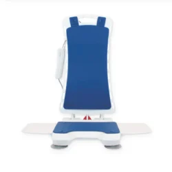 Nova Bath Lift with blue seat and backrest, shown in upright position.