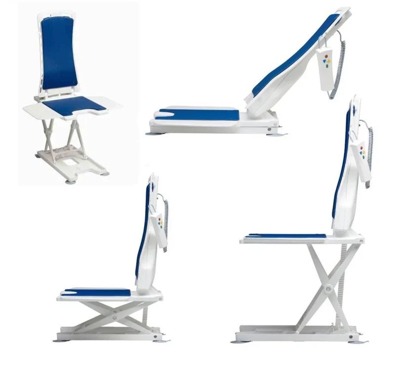 Nova Bath Lift in various reclining positions with blue seat and backrest.