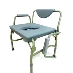 Extra wide steel commode chair with padded armrests and backrest.