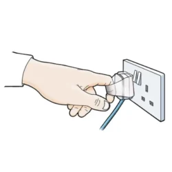 Illustration of a hand using a Plug Tug to remove a plug from a socket.