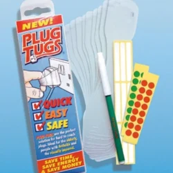 Plug Tugs packaging with contents including pullers, pen, and stickers.