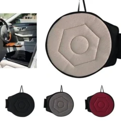 360° rotating cushion in beige, shown in car and in black, grey, and red.