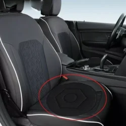 Car seat with a black rotating cushion placed on it.