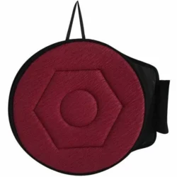 Red rotating cushion car seat with hexagonal pattern and handle.