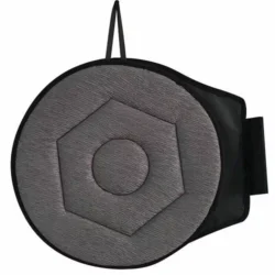Grey rotating cushion car seat with non-slip base and handle.