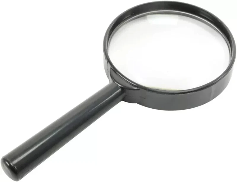 Black handheld magnifier with a 65MM lens and a black handle.