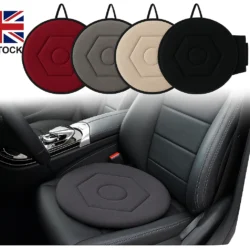 Rotating car seat cushion in black on a car seat with color options above.