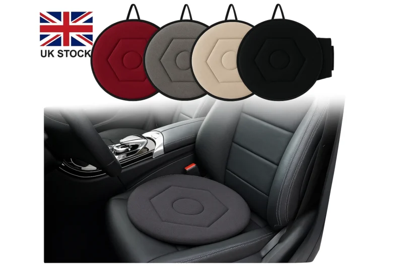 Rotating car seat cushion in black on a car seat with color options above.