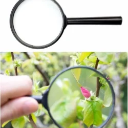 Black handheld magnifier with a 65mm lens showing a close-up of a pink flower bud.