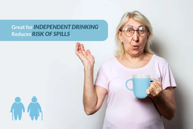 Person holding a blue two-handled mug with text about independent drinking.