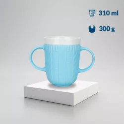 Blue two handled mug on a white platform with capacity and weight icons.
