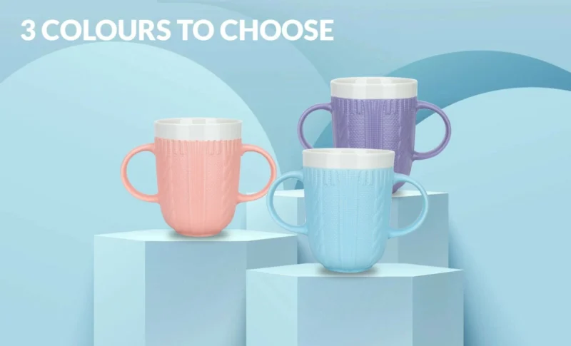 Three two-handled mugs in pink, blue, and purple on display.