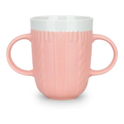 Pink ceramic mug with two handles designed for weak grip.