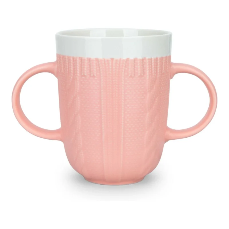 Pink ceramic mug with two handles designed for weak grip.