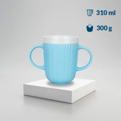 Blue two handled mug on a white platform with capacity and weight icons.