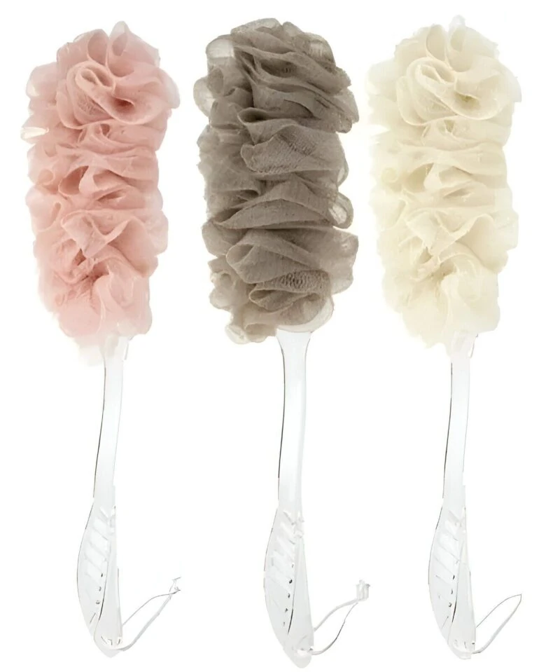 Three long handle bath brushes with soft mesh sponges in pink, brown, and cream.