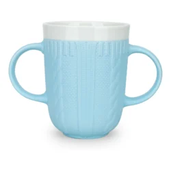 Blue ceramic mug with two handles and textured surface.