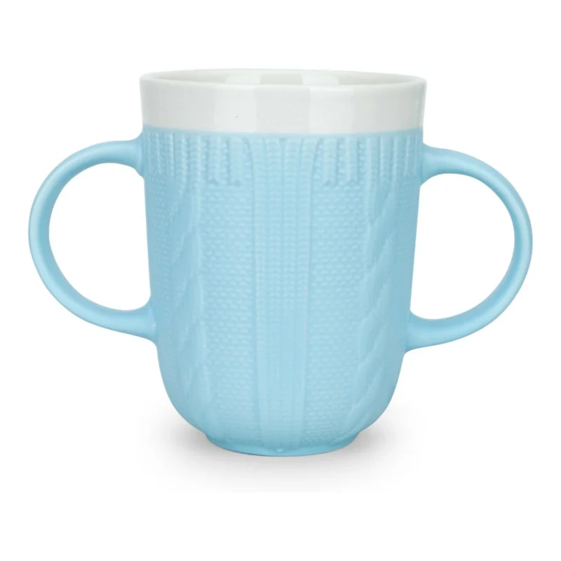 Blue ceramic mug with two handles and textured surface.