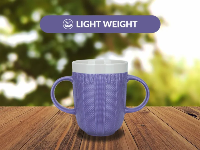 Purple two handled mug on a wooden surface with 'Light Weight' text above.