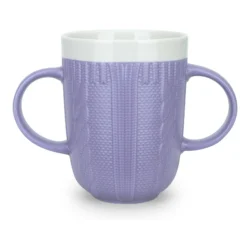 Purple two handled mug with textured surface and white rim.
