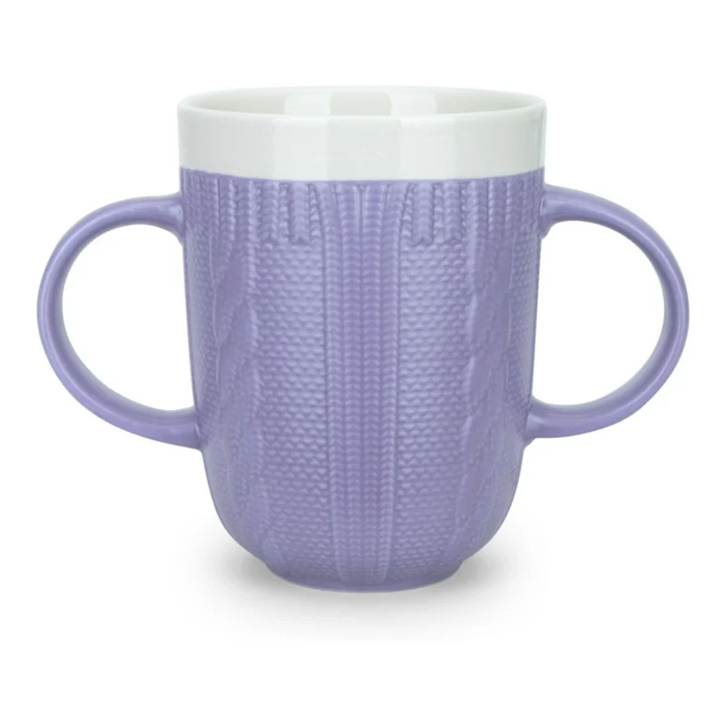 Purple two handled mug with textured surface and white rim.