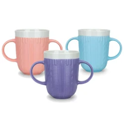 Three two-handled mugs in pink, blue, and purple.