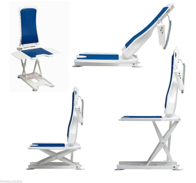 Nova Bath Lift shown in upright, reclined, and folded positions.