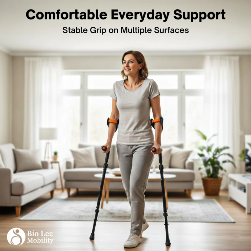 Woman walking with shock absorbing suspension crutches in a living room.