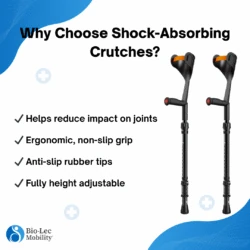 Two black crutches with ergonomic handles and anti-slip tips.