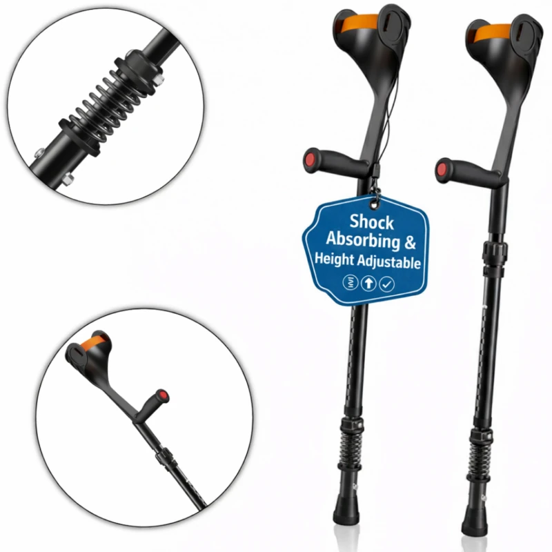 Pair of black crutches with shock absorbing springs and ergonomic handles.