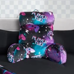 Gaming-themed lumbar support pillow with 'Player Two' text and controller graphics.