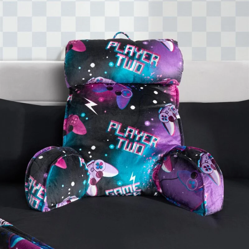 Gaming-themed lumbar support pillow with 'Player Two' text and controller graphics.