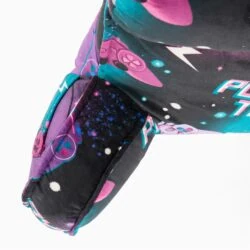 Close-up of a gaming-themed lumbar support pillow with colorful graphics.