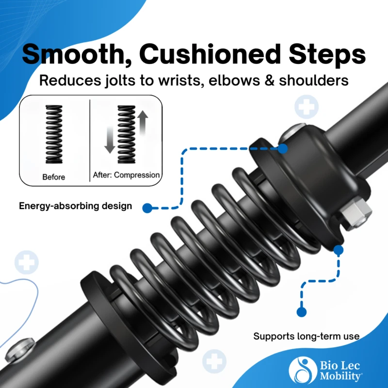 Close-up of shock absorbing suspension on crutch.