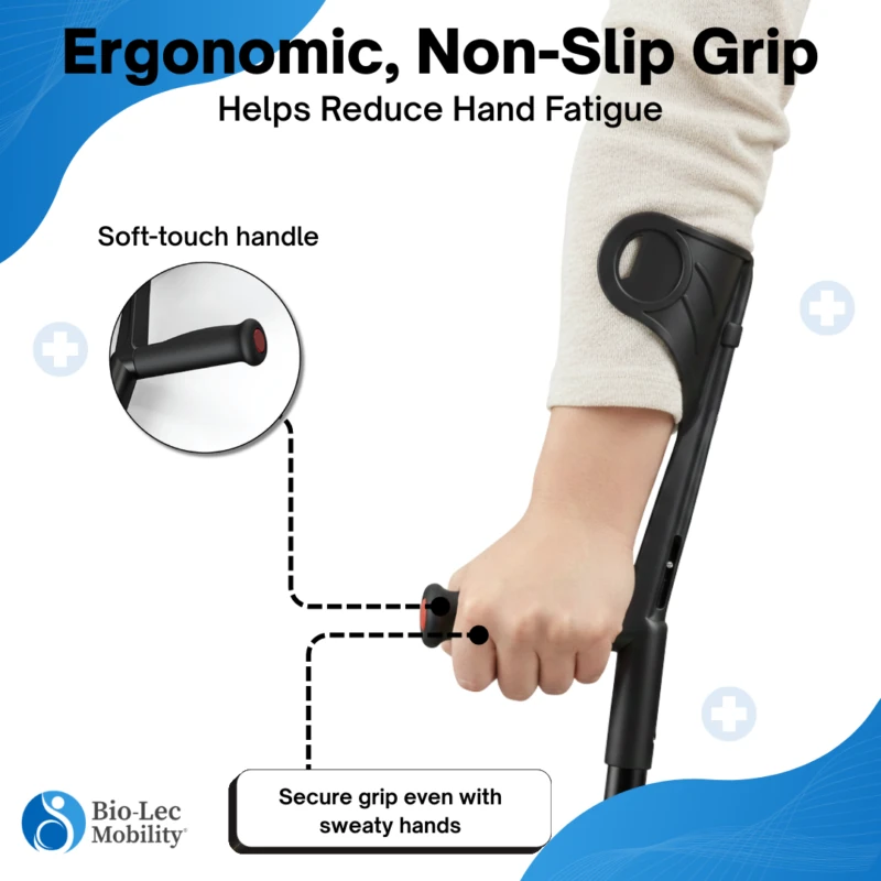 Close-up of ergonomic crutch handle with non-slip grip.