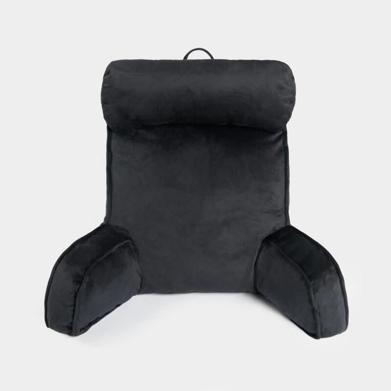Black lumbar support pillow with headrest and soft arms.