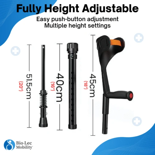 Components of height adjustable crutches with measurements.