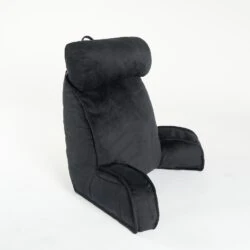 Black lumbar support pillow with headrest and soft arms.