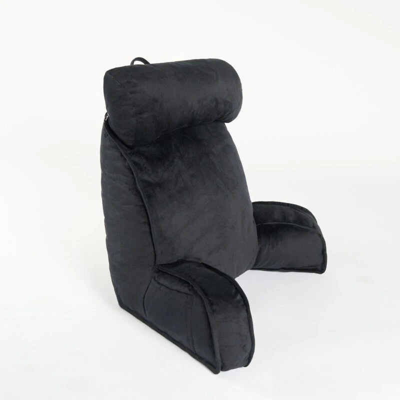 Black lumbar support pillow with headrest and soft arms.