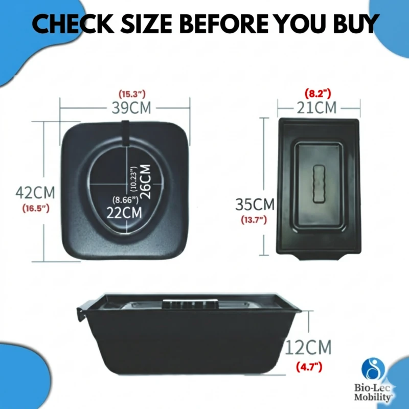 Dimensions of the removable commode bucket with measurements in centimeters and inches.