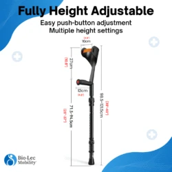 Height adjustable forearm crutch with measurements and ergonomic handle.
