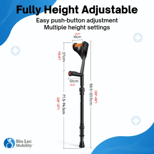 Height adjustable forearm crutch with measurements and ergonomic handle.