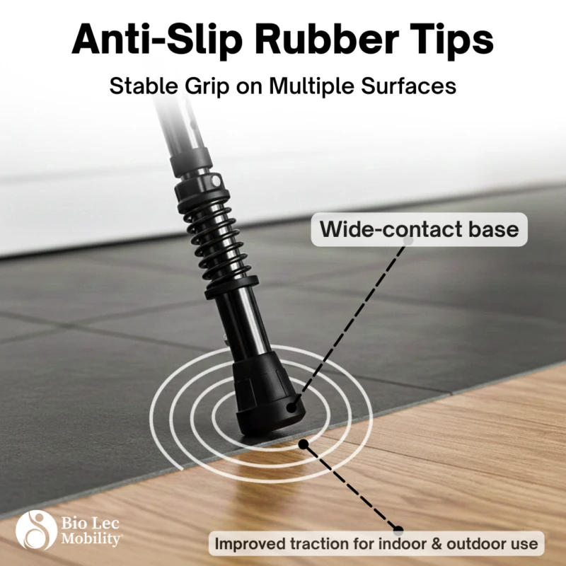 Close-up of crutch with anti-slip rubber tip on tiled floor.
