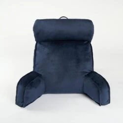 Navy lumbar support pillow with armrests and headrest.