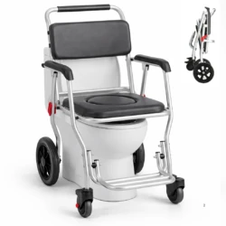 3-in-1 shower commode wheelchair with padded seat and foldable frame.