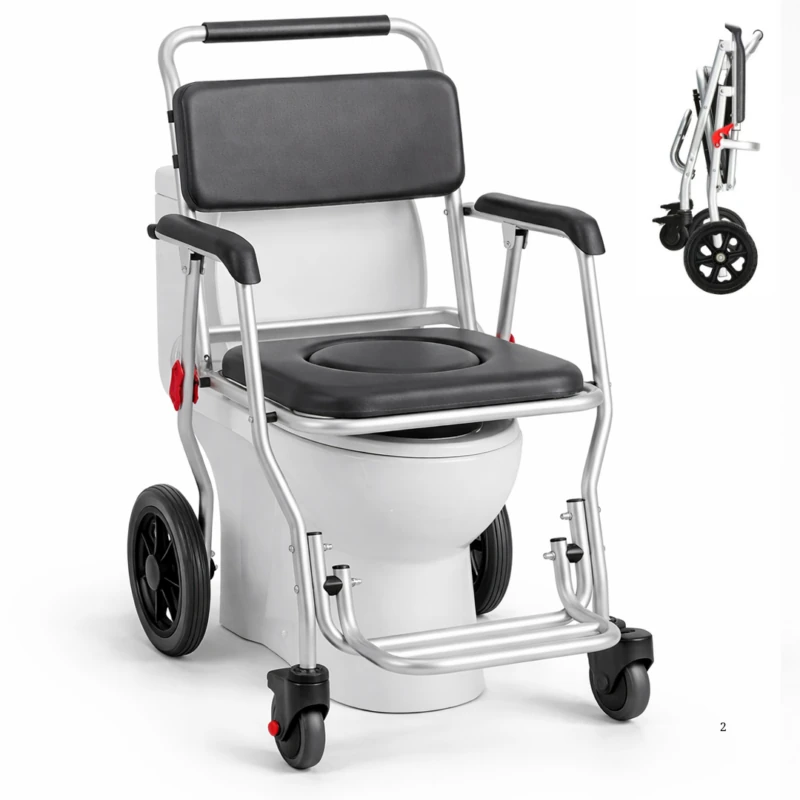 3-in-1 shower commode wheelchair with padded seat and foldable frame.