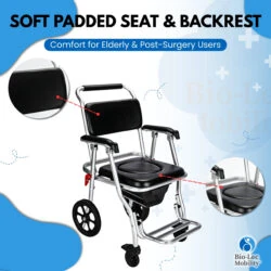 Aluminium shower commode wheelchair with padded seat and backrest.