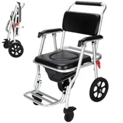 3-in-1 Shower Commode Wheelchair | Folding Aluminium Wheeled Shower Chair with Padded Seat | Removable Bucket